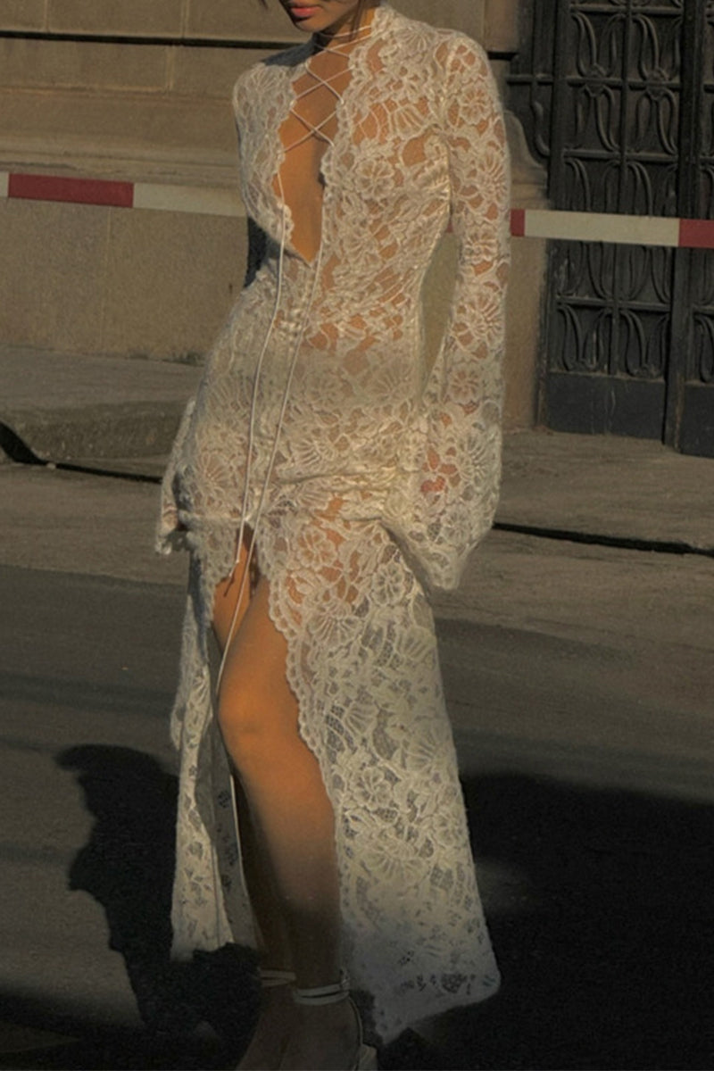 Valenzora | Sexy Lace Sheer Strapless V-Neck Lace Dress Dresses