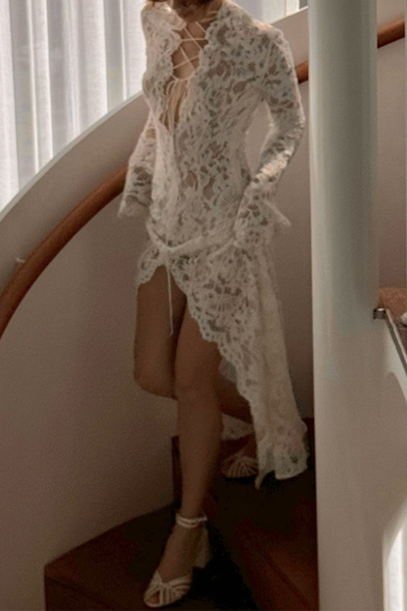 Valenzora | Sexy Lace Sheer Strapless V-Neck Lace Dress Dresses