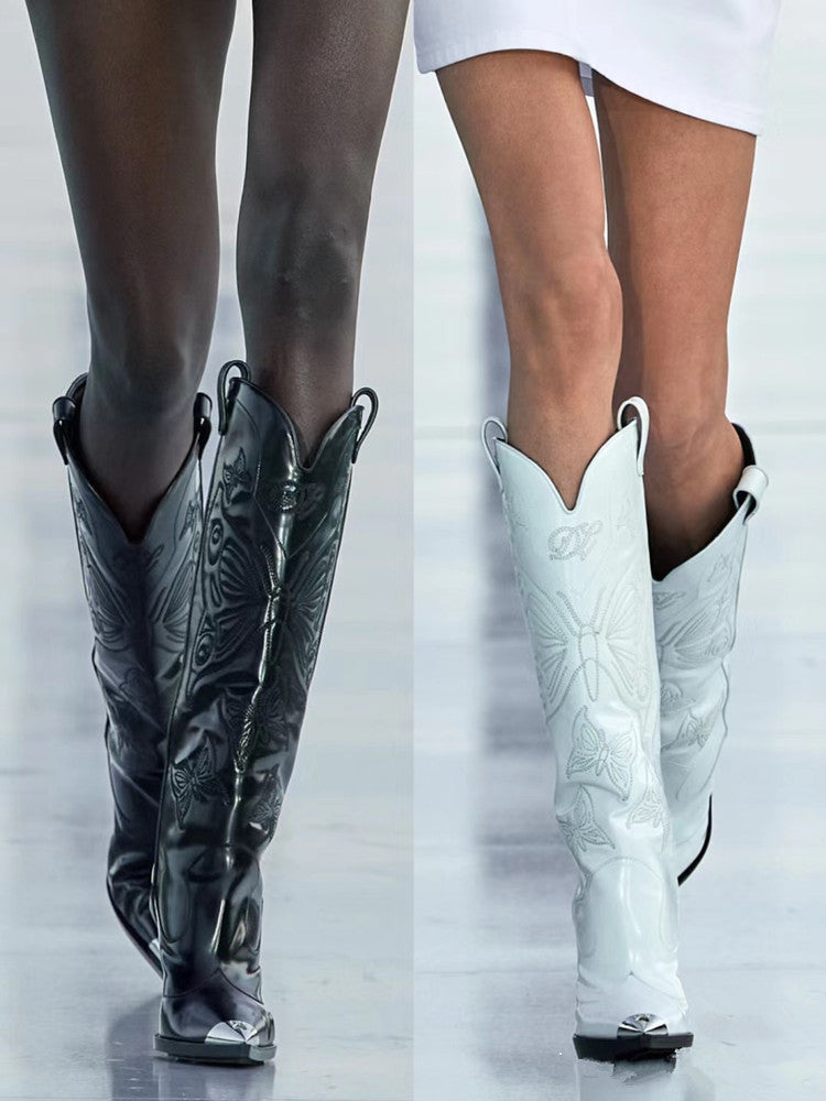 Valenzora | Women's High-Heeled Metal Pointed Toe Bow Embroidered Boots