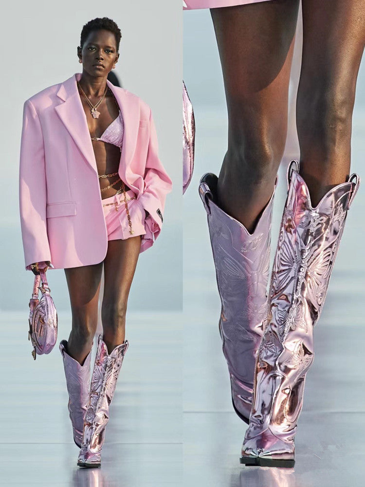 Valenzora | Women's High-Heeled Metal Pointed Toe Bow Embroidered Boots