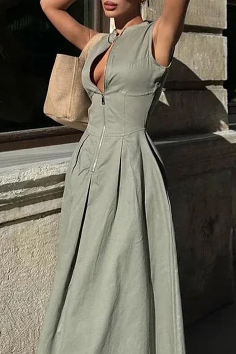 Valenzora | Casual Street Pocket Zip O-Neck Long Dresses - 3 Colors