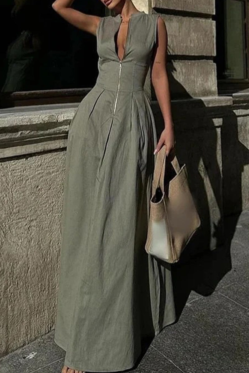 Valenzora | Casual Street Pocket Zip O-Neck Long Dresses - 3 Colors