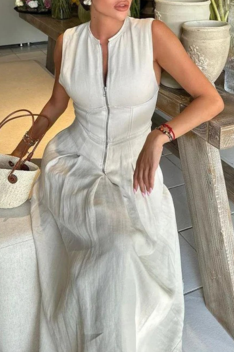 Valenzora | Casual Street Pocket Zip O-Neck Long Dresses - 3 Colors