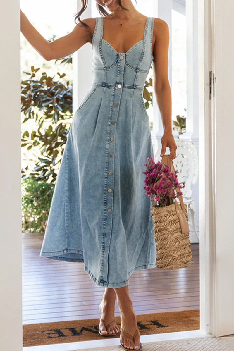Valenzora | Elegante ärmellose Jeanskleider mit V-Ausschnitt und Patchwork-Knöpfen in Unifarben