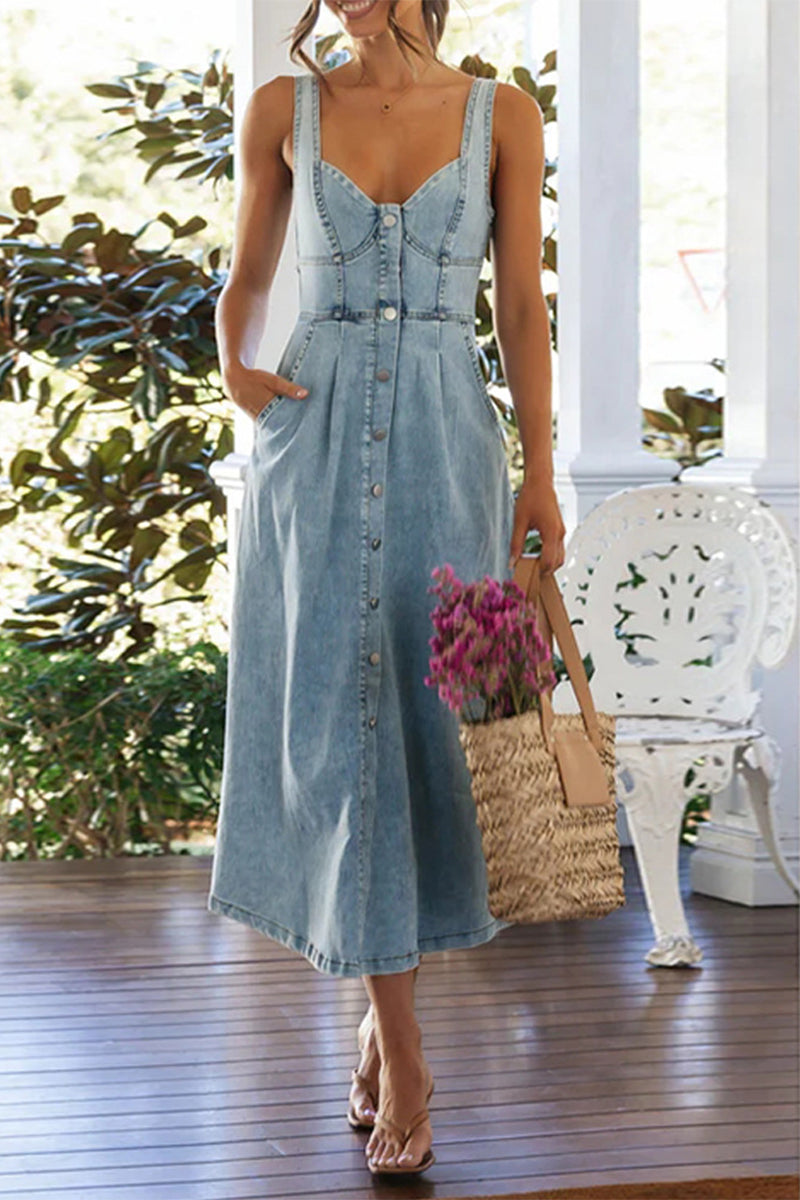 Valenzora | Elegante ärmellose Jeanskleider mit V-Ausschnitt und Patchwork-Knöpfen in Unifarben