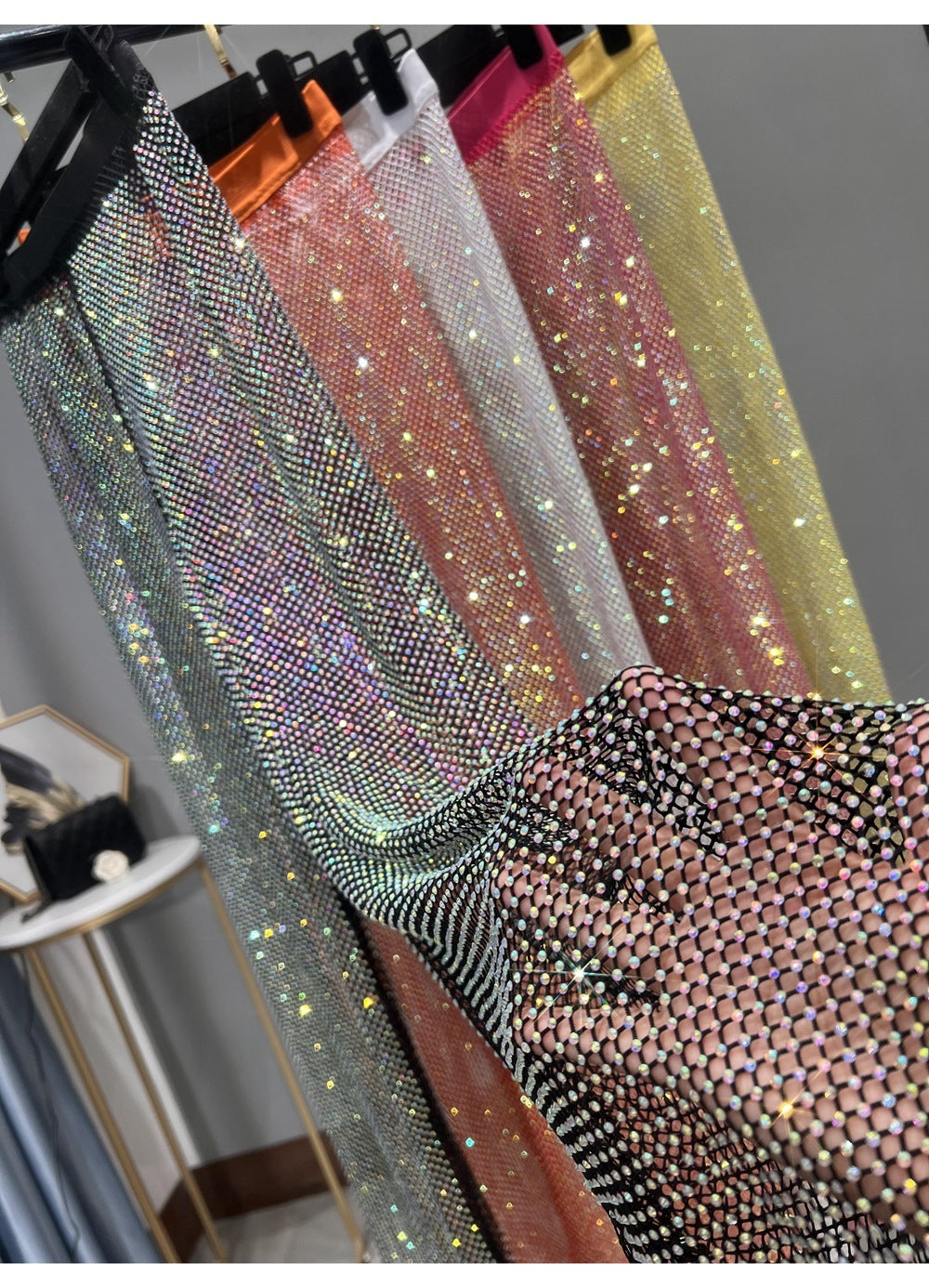 Valenzora | Rhinestone Straight Mesh Wide Leg Slim Fit Flattering Mop Pants