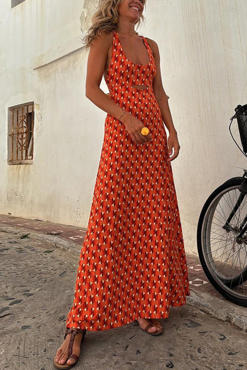 Valenzora | Scoop Neck Backless Geometric Print Maxi Cami Dress