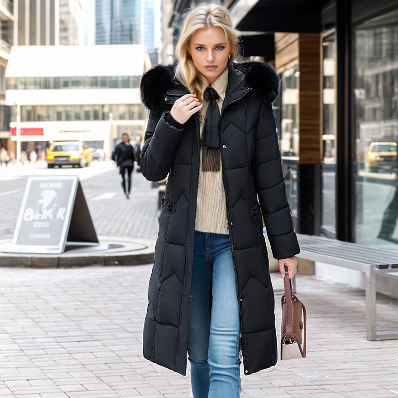 Valenzora | Elegant tailored over-the-knee cotton coat with fur collar