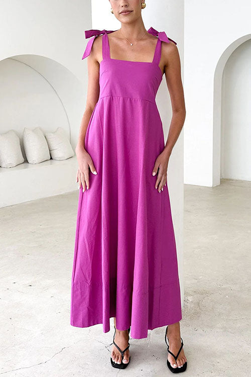 Valenzora | Rosiedress Maxikleid mit Spaghettiträgern, Schleifenschultern und Empire-Taille