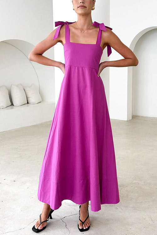 Valenzora | Rosiedress Maxikleid mit Spaghettiträgern, Schleifenschultern und Empire-Taille
