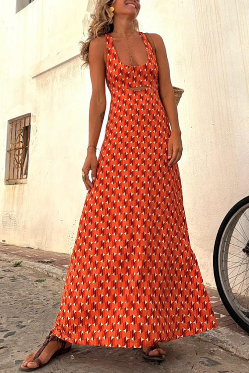 Valenzora | Scoop Neck Backless Geometric Print Maxi Cami Dress