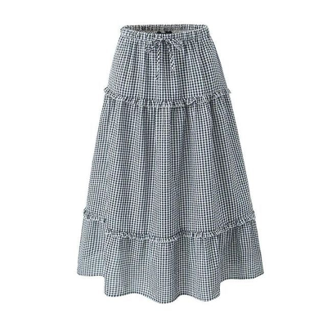 Valenzora | Tiered gingham midi skirt with ruffle detail