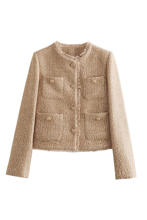 Valenzora | Rosiedress Button Up Frayed Hem Short Tweed Jacket