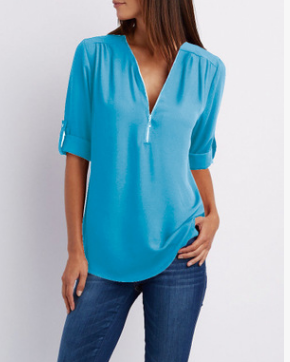 Valenzora Short-sleeved shirt with zipper and V-neck - Loose tops
