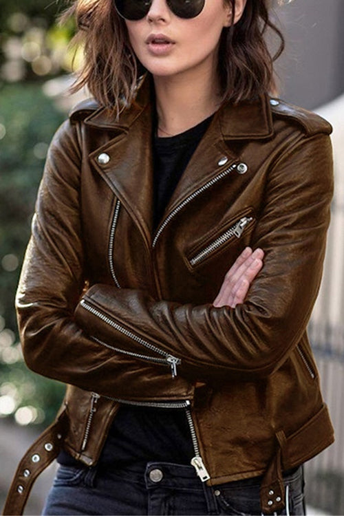 Valenzora | Rosiedress Vintage Lapel Zip Faux Leather Biker Jacket