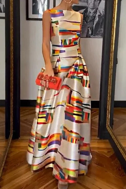 Valenzora | Rosiedress Rückenfreies ärmelloses bedrucktes Maxi-Swing-Kleid
