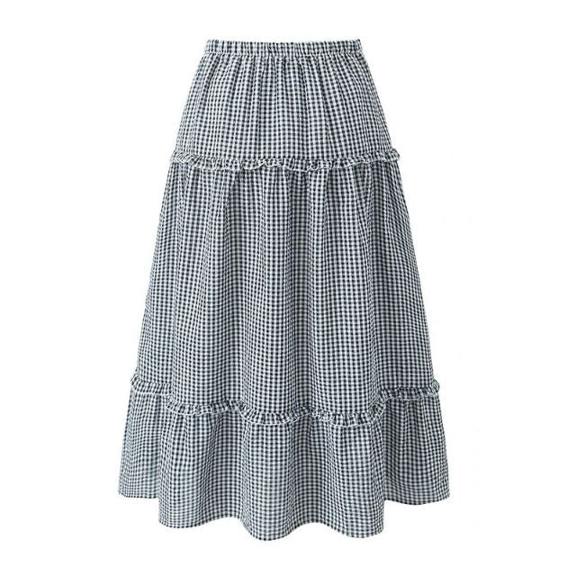 Valenzora | Tiered gingham midi skirt with ruffle detail