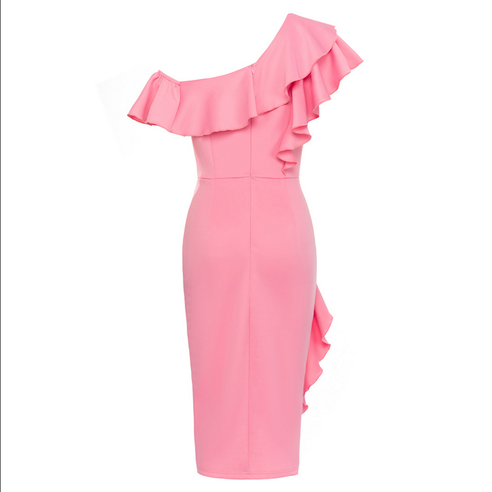 Asymmetrical, figure-hugging midi dress with a ruffled collar | Pink