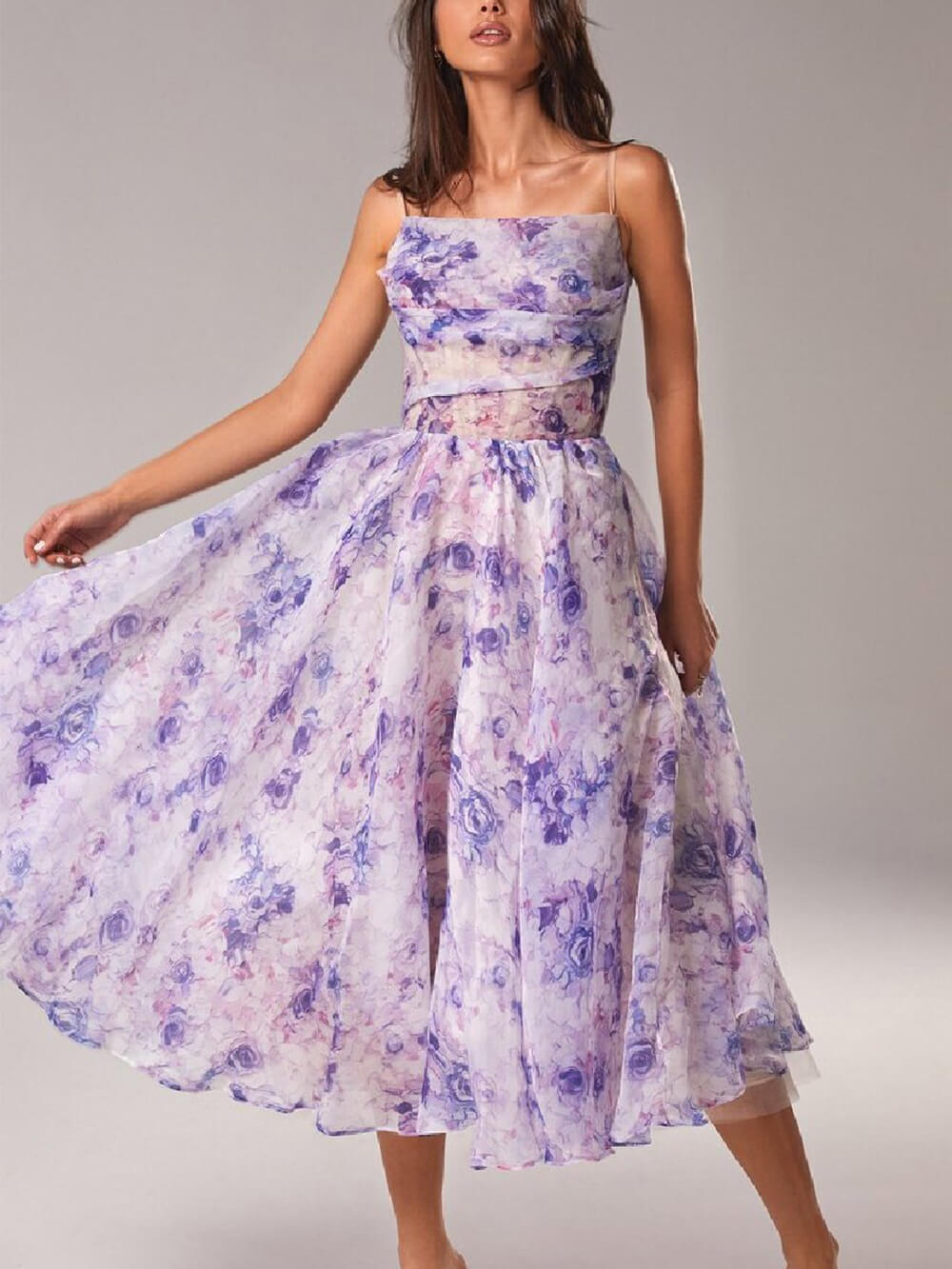 Valenzora | Chiffon Swing Midi Dress with Floral Pattern for Women