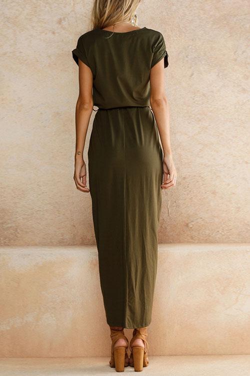 Valenzora | Rosiedress Short Sleeve Tie Waist Slit Midi Dress