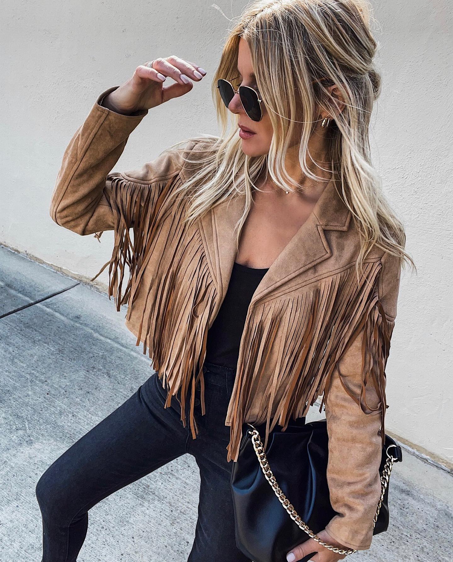 Suede jacket for women with tassel trim