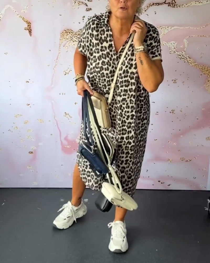 Valenzora | Short-sleeved dress with leopard print and V-neck