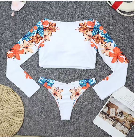 Valenzora | Blooms Printed Long Sleeve Crop Rash Guard Bikini Set