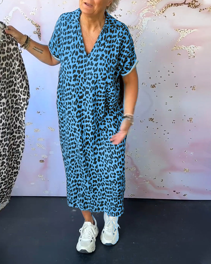 Valenzora | Short-sleeved dress with leopard print and V-neck