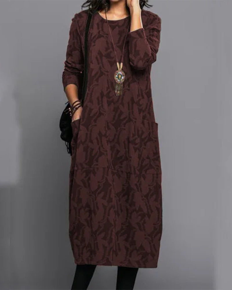 Valenzora | Bohemian Autumn Long Sleeve Printed Pocket Dress for Women