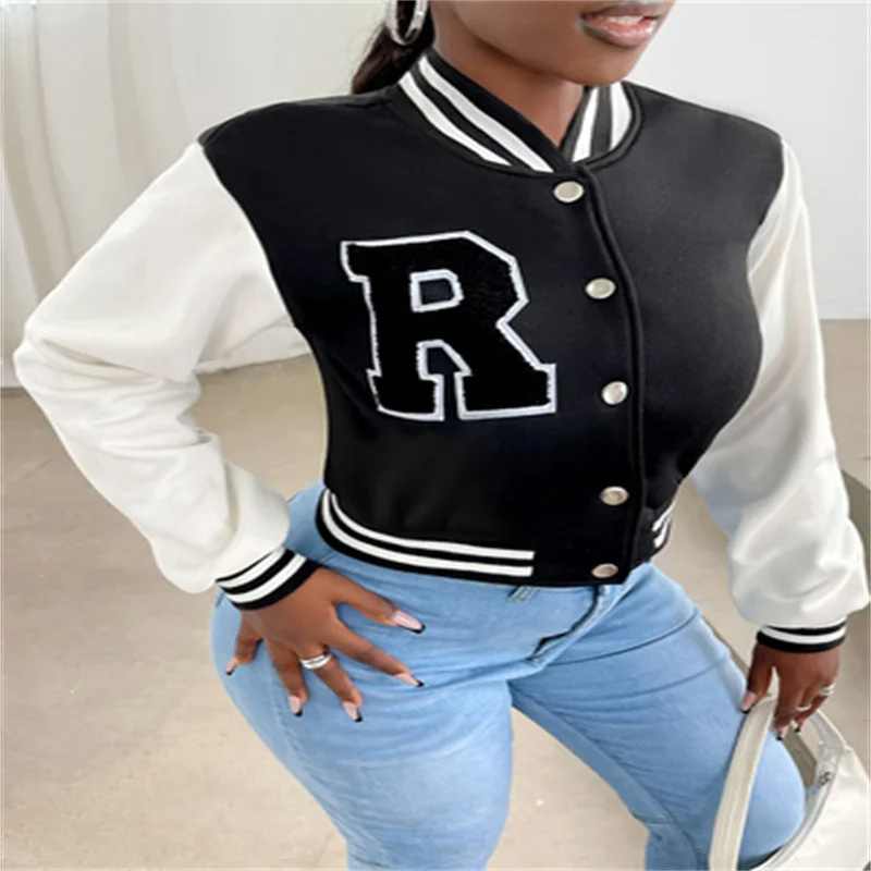 Valenzora | Varsity Bomber Jacket for Women, Short Model with Letter Patch and Snap Button Closure