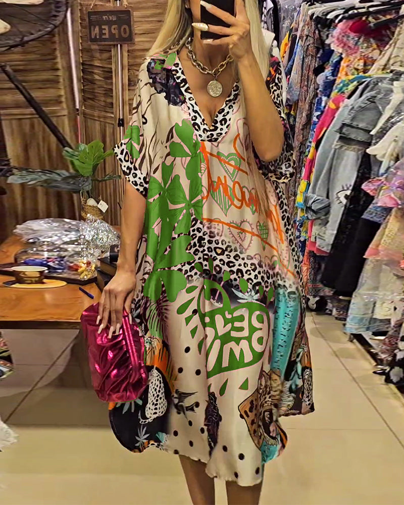 Valenzora | Casual dress with deep V-neck and leopard and colorful print