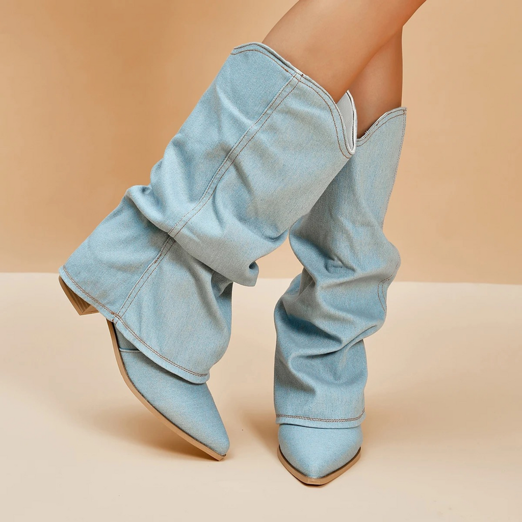 Valenzora | gefaltete Jeansstiefel mit Blockabsatz