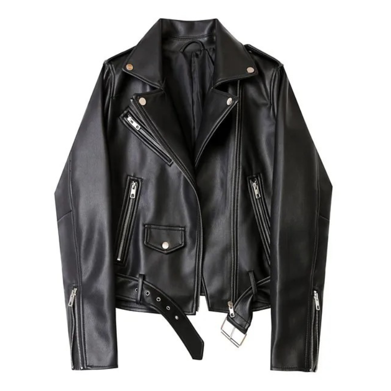 Valenzora | Damen Biker-Lederjacke mit Reißverschlüssen und Gürtel