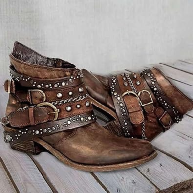 Valenzora | Women's Distressed Leather Ankle Boots, Multiple Straps with Buckles, Western Style