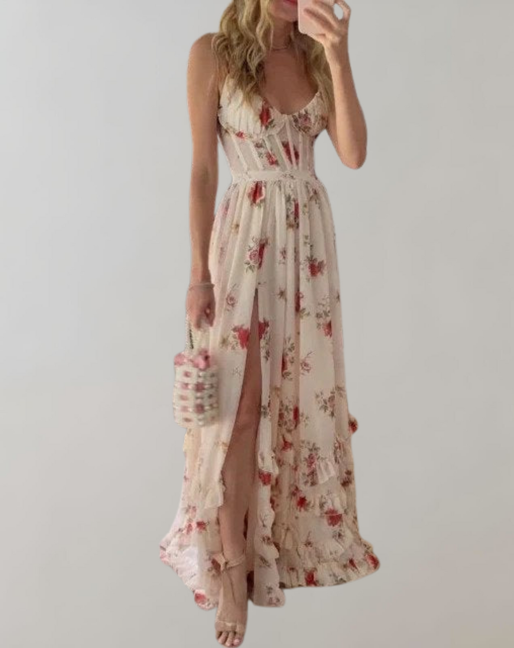 Valenzora | Ärmelloses, tailliertes Kleid mit Blumendruck und sexy Beinausschnitt