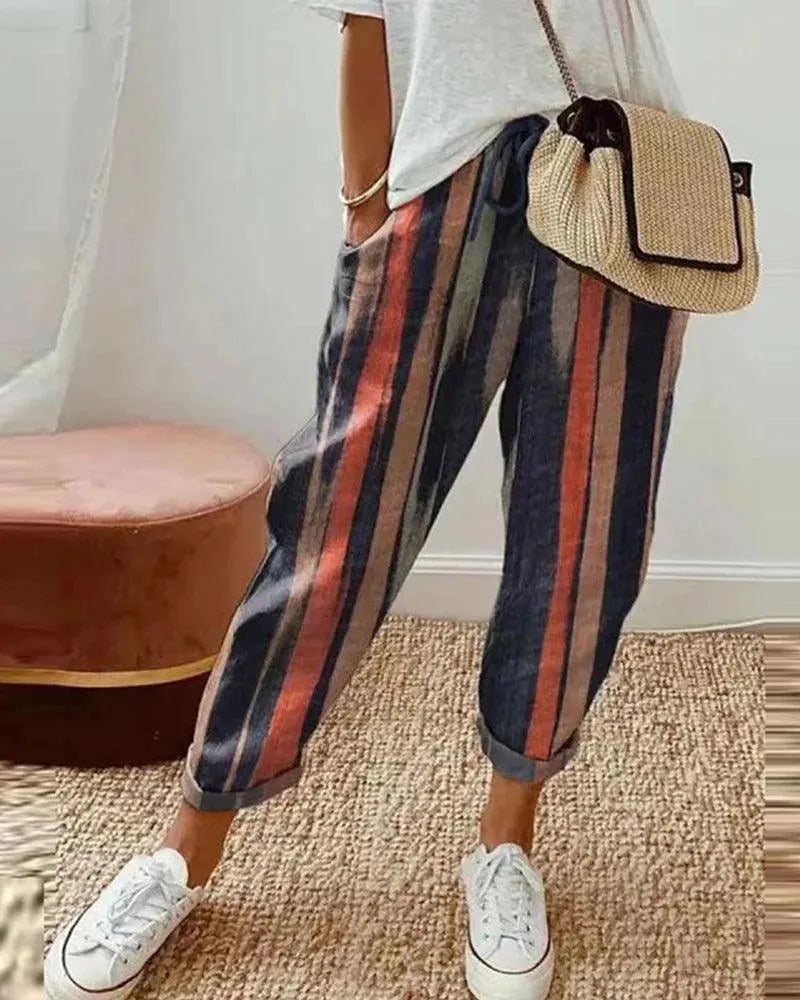 Valenzora | Striped trousers, breathable cotton-linen blend, relaxed fit, drawstring waist, casual wear