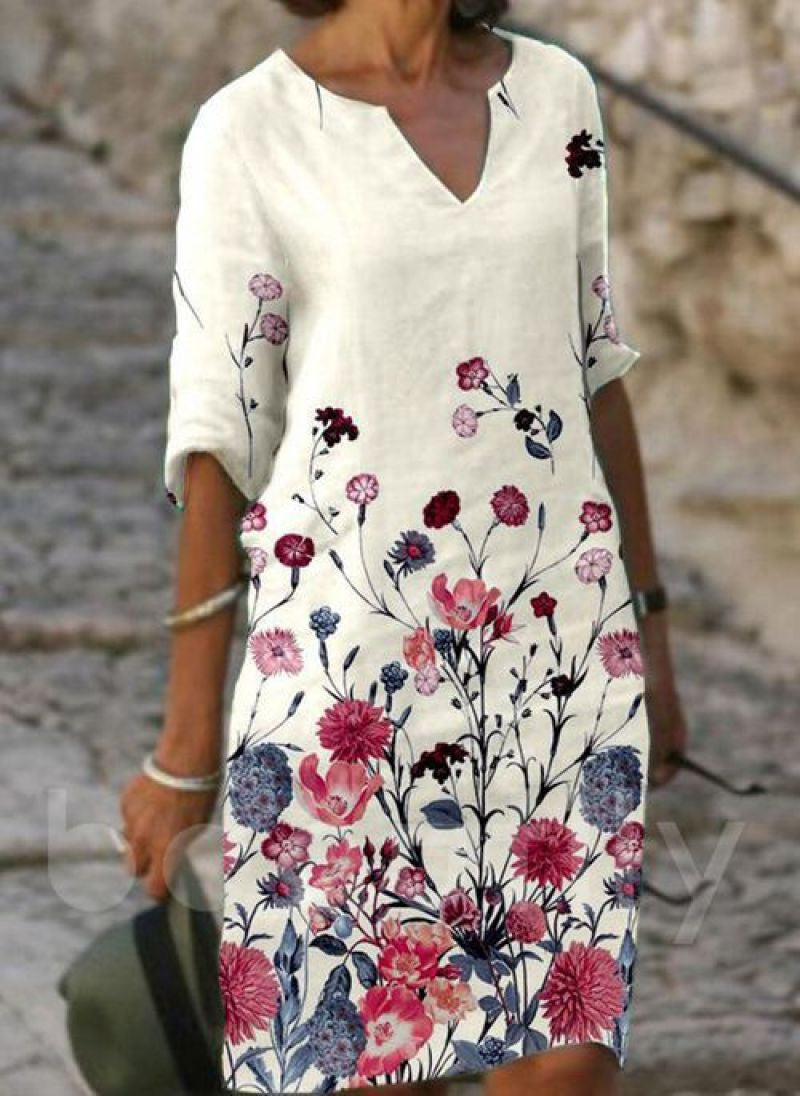 Valenzora | Charming linen dress with floral print