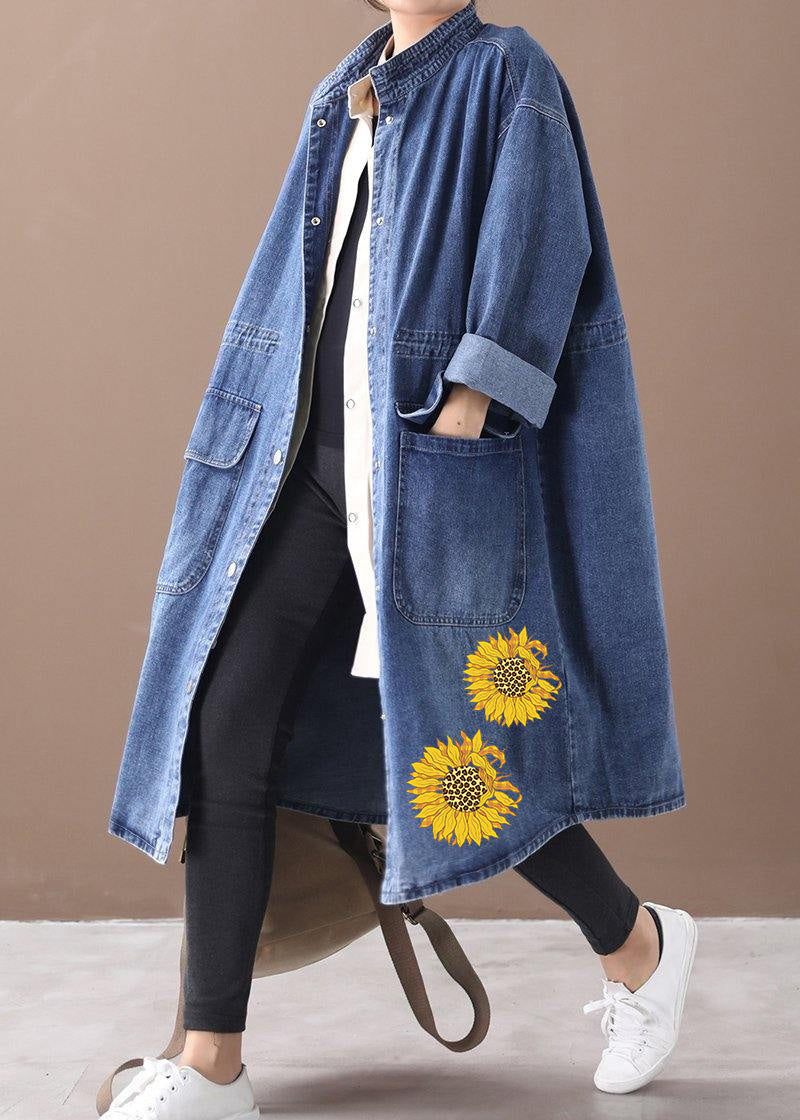 Valenzora | Denim Blue Plus Size Trench Coat with Drawstring
