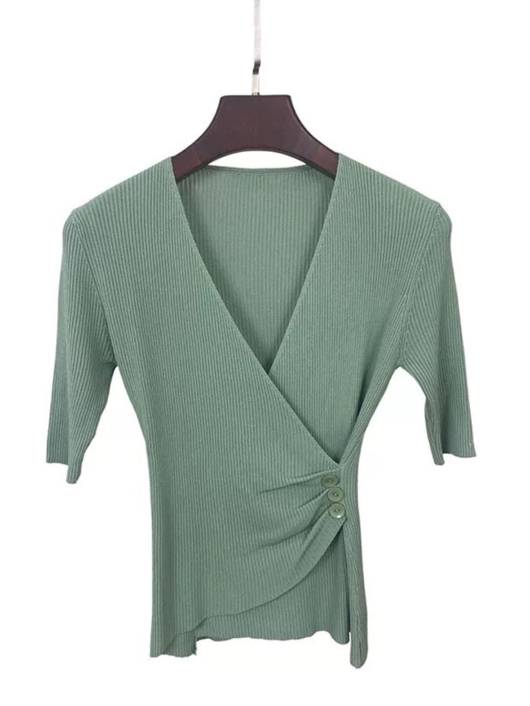 Valenzora | Casual V-neck solid color knit top green