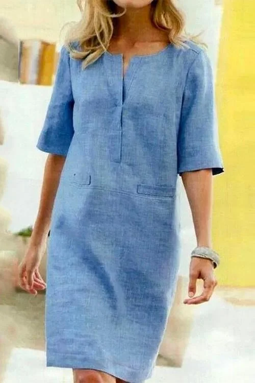 Valenzora | Gerade geschnittenes Kleid mit kurzen Ärmeln aus Baumwolle und Leinen
