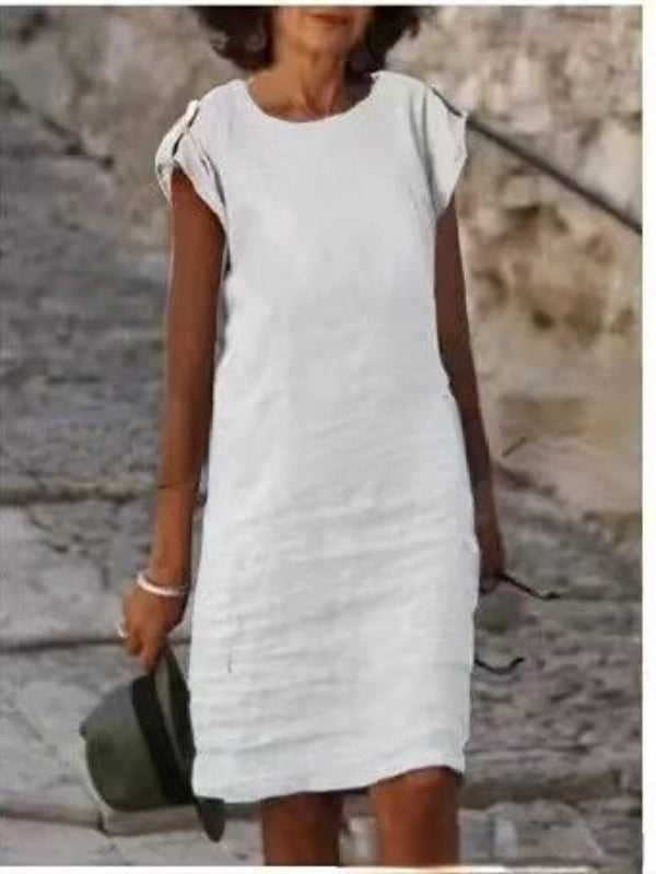 Valenzora | Women's Midi Dress in Colorful Cotton-Linen, Sleeveless with Round Neck