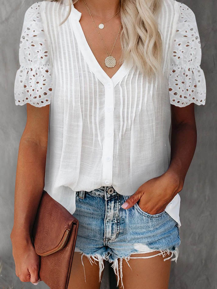 Valenzora | Casual V-neck short lace sleeve top