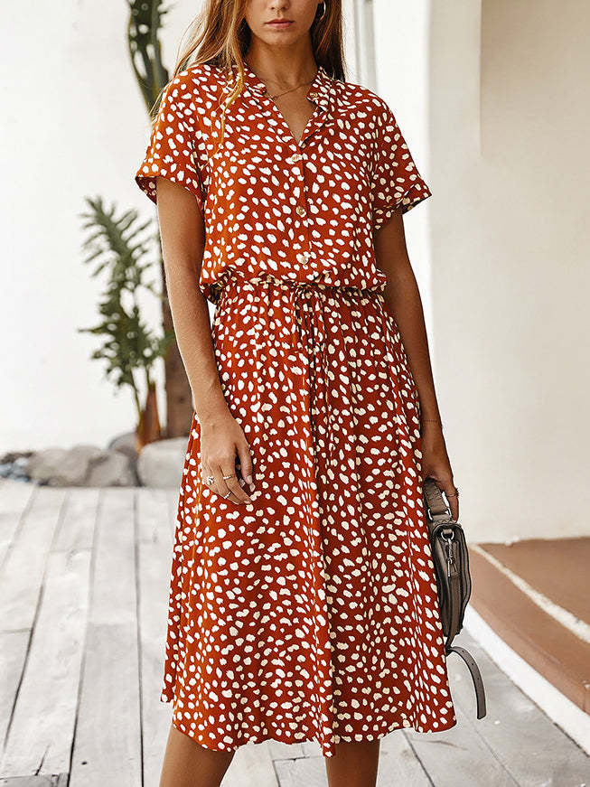 Valenzora | Casual Polka Dot V-Neck Short Sleeve Midi Dress