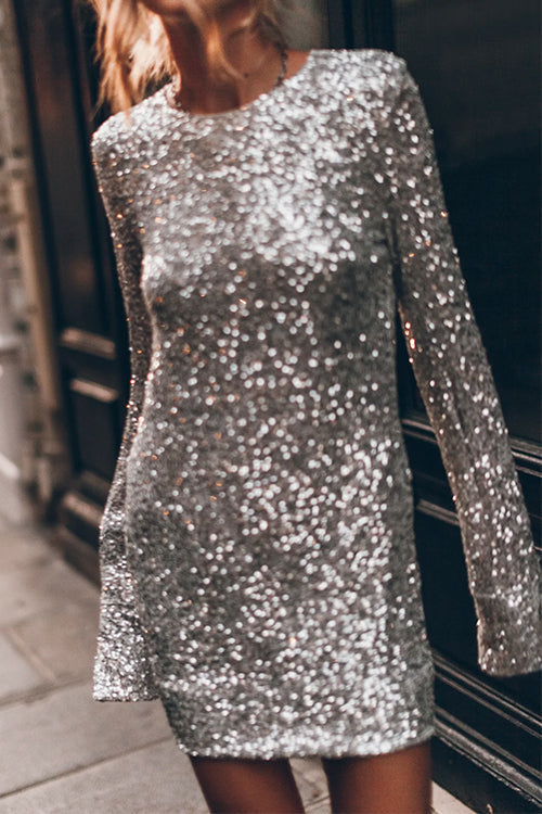 Valenzora | Slit Long Sleeves Back Cutout Sequin Mini Dress