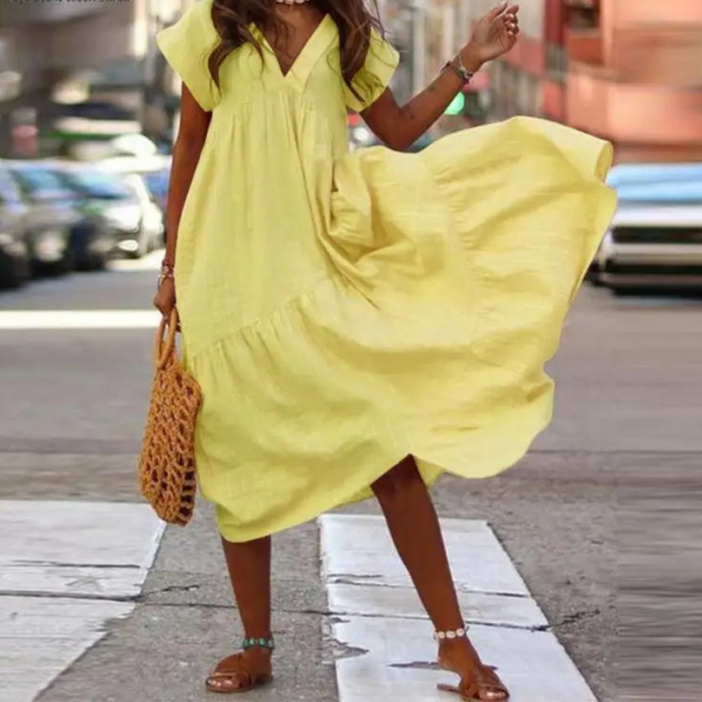 Valenzora – Maxi-style shirt dress with V-neck and ruffles