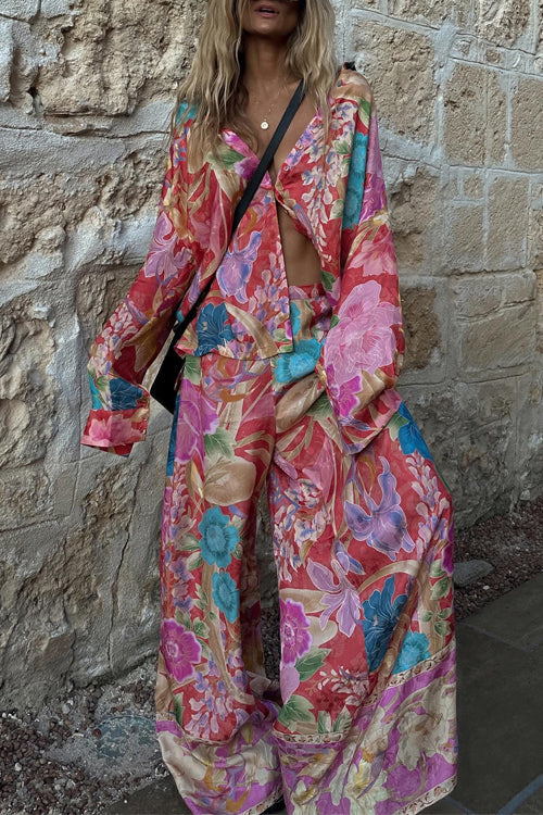 Valenzora | Rosiedress Long-sleeved blouse with button placket and wide-leg trousers floral pattern set