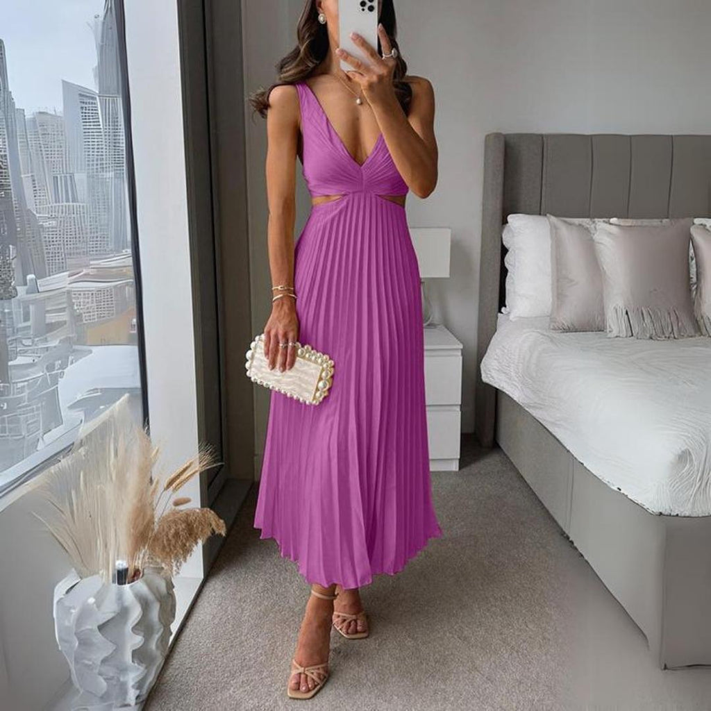 Valenzora | Midi Dress Sleeveless V-neck Twist Front & Cut Out Detail Pleated Skirt