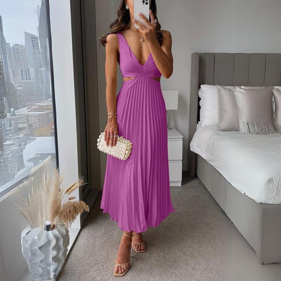 Valenzora | Midi Dress Sleeveless V-neck Twist Front & Cut Out Detail Pleated Skirt