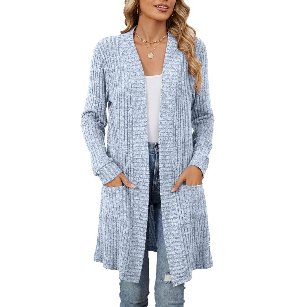 Valenzora | Langer gerippter Cardigan für Damen mit offener Vorderseite und Taschen
