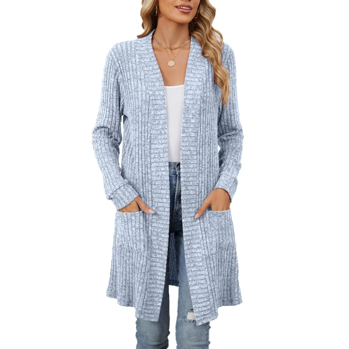 Valenzora | Langer gerippter Cardigan für Damen mit offener Vorderseite und Taschen